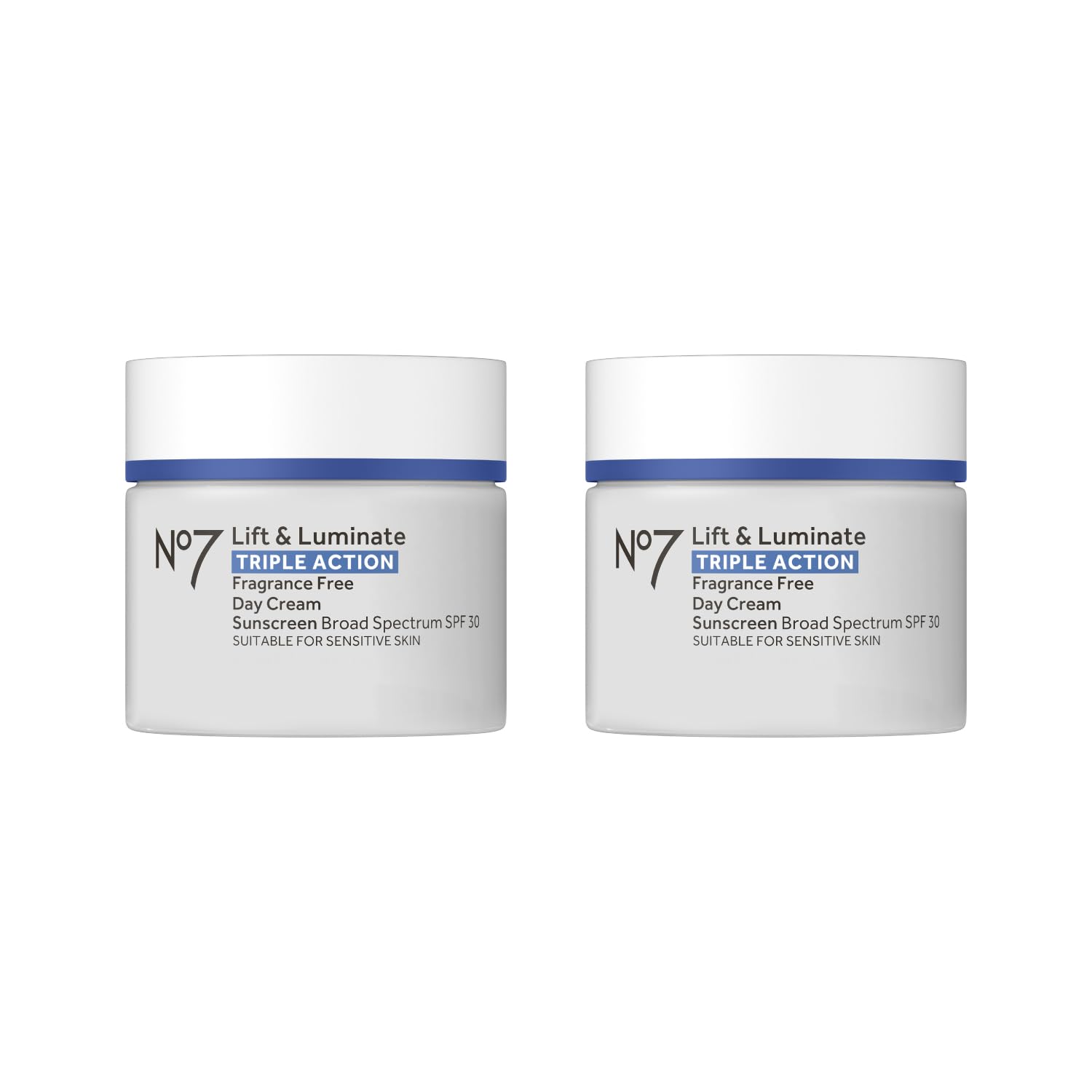 No7 Lift & Luminate Triple Action Fragrance Free Day Cream SPF 30 - Broad Spectrum Anti-Aging Face Cream - Hydrating Hibiscus Peptides & Hyaluronic Acid + Emblica & Vitamin C (2 pack, 1.69 Fl Oz each)