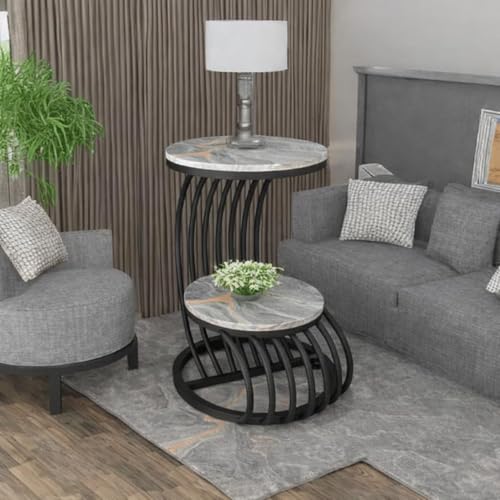 Image of Farmhouse Accent Coffee Table Simple Bedside Cabinet Small Round Table MDF Top Metal Table Living Room Sofa (Black Grey)