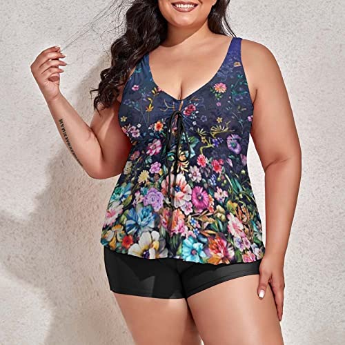 STKOOBQ Tanquíni de duas peças plus size para mulheres, roupa de banho rodada com shorts de esconder