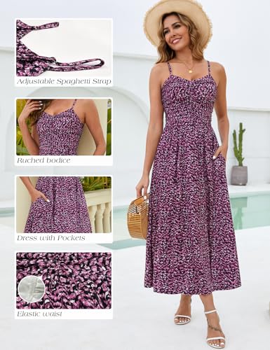 Image of Annebouti Women 2026 Summer Spring Ruched Maxi Dress Adjustable Spaghetti Strap Floral Beach Long Sundress with Pockets