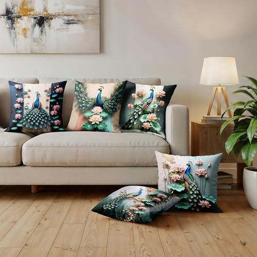 Image of Ultimate Trends Digital Printed Soft Cotton Feel Polyester Decorative Cushion Cover, Modern Eligent Designs, Heavy Long Life Fabric,18 inch X 18 inch Set of 5,Green Peacock