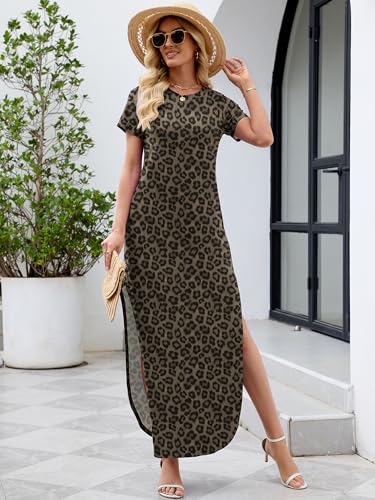Image of Heymoments Womens Summer Maxi Dress Short Sleeve Casual Loose Long T Shirt Split Vacation Beach Sundress with Pockets