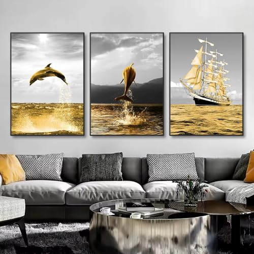 Impression sur toile dauphin et bateau doré - Tableau moderne 20x40cm pour salon