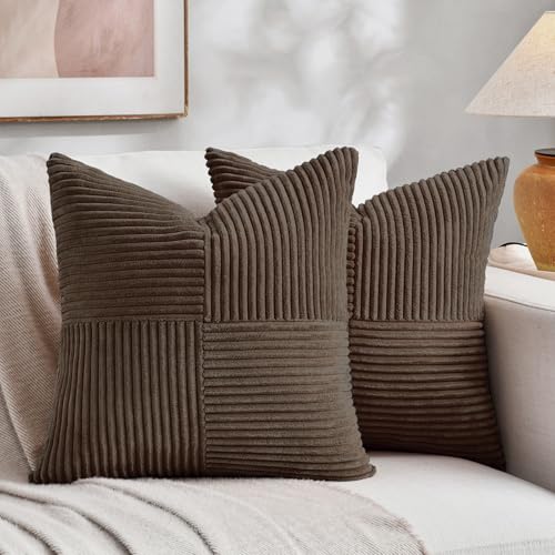 Image of Fancy Homi 2 Packs Dark Brown Decorative Throw Pillow Covers 16x16 Inch for Living Room Couch Bed Sofa, Rustic Farmhouse Boho Home Decor, Soft Corss Patchwork Corduroy Textured Cushion Case 40x40 cm