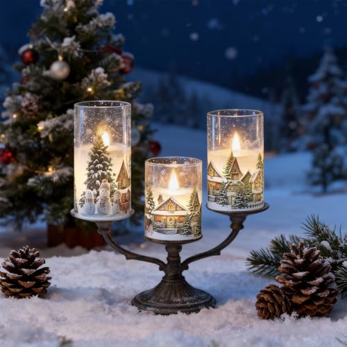 Image of Wondise Chrismtas Snowman Glass Flameless Candles with Remote Timer, Battery Operated Real Wax LED Flickering Pillar Candles with Christmas Tree Decal for Christmas Decoration