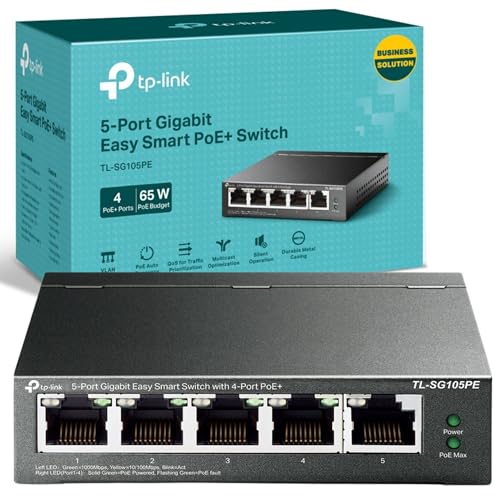 TP-Link TL-SG105PE Managed 5-Port Gigabit PoE Network Switch 4 Port PoE+ Ethernet Splitter Extenders up to 65W Power Budget Support Network Monitoring Traffic Prioritization Auto Recovery VLAN
