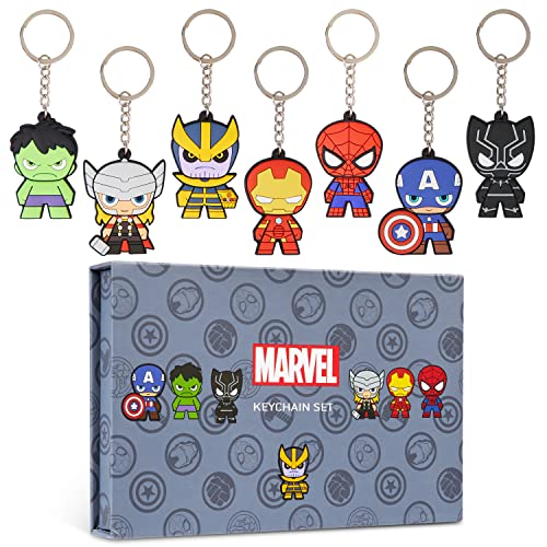 Marvel Llaveros Spiderman Black Panther Capitán América Thor Iron Man Hulk Los Vengadores - Regalos Originales para Hombre - Pack de 7 Llaveros Originales Mini Figuras