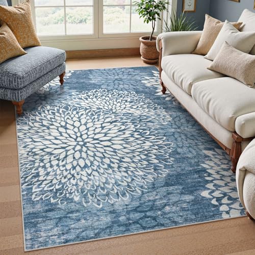 Hedlive Dahlia 5x7 Blue Floral Rug for Bedroom, Low Pile