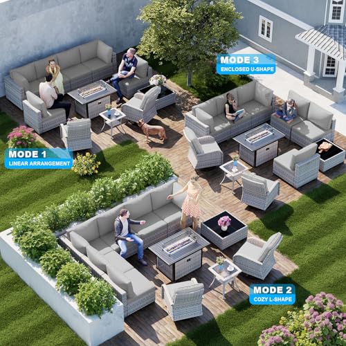 Image of 11-Piece Patio Furniture Set, Outdoor Patio Furniture with 55,000 BTU Fire Pit Table, Swivel Chairs Set, Thick Cushions, Modular Patio Sofa, Dual-Strand Wicker Rattan, Rust-Resistant Frame, Grey