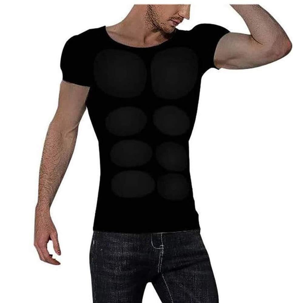 XUANFXPJ Men's Padded Muscle Shirt False Muscle Chest T-Shirt Shoulder Padded Breathable Invisible Simulation Abdominal Muscles Muscle Undershirt(Black,M)