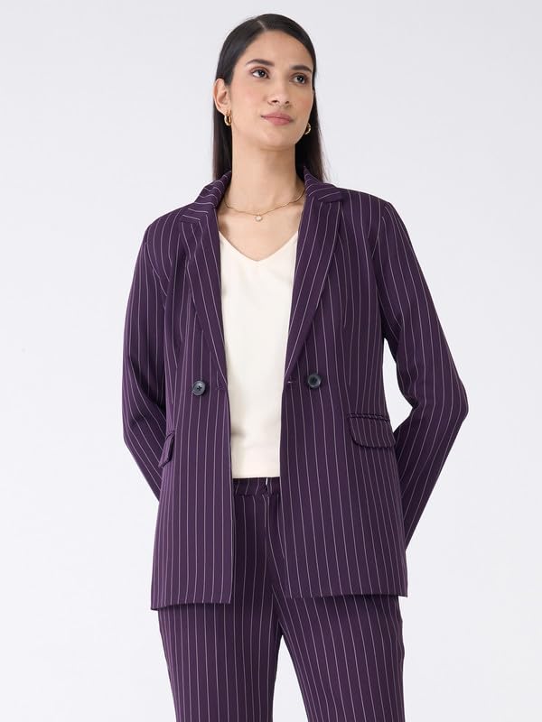 Bold Purple & White Striped Double Breasted Blazer for Women, Viscose-Suiting, Notch Lapel, Full Sleeve2