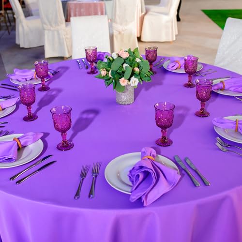 Image of Ragnhild 16 Pack Purple Plastic Tablecloth for Round Tables, Premium Decorative Purple Disposable Table Cloths for Parties, Bulk Round Party Table Cover for Birthday Anniversary Graduation, 84 Inch