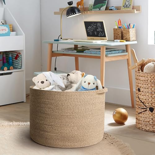 Image of MEGASKET Large Wicker Storage Basket, 22 inch X 22 inch X 14 inch Woven Cotton Rope Basket, Kids Dog Toy Bin Organizer, Blanket Pillow Holder for Living Room, Brown Variegated Wicker Baskets for Organizing