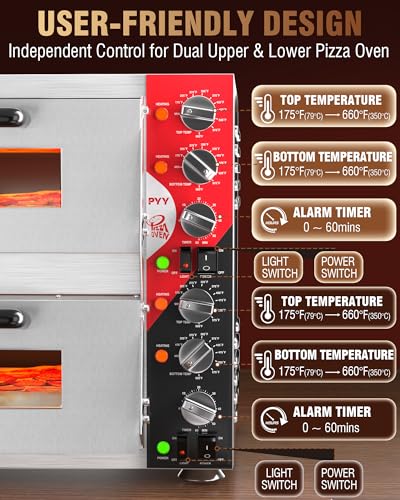PYY 16" Indoor Electric Double Decker Pizza Oven w/Pizza Stone for Restaurant Home,Countertop Pizza Oven with 60-min Ring Timer, Commercial Pizza Oven with 4 Large Heat Tube, 3200W, ETL listed,Grey - Image 4