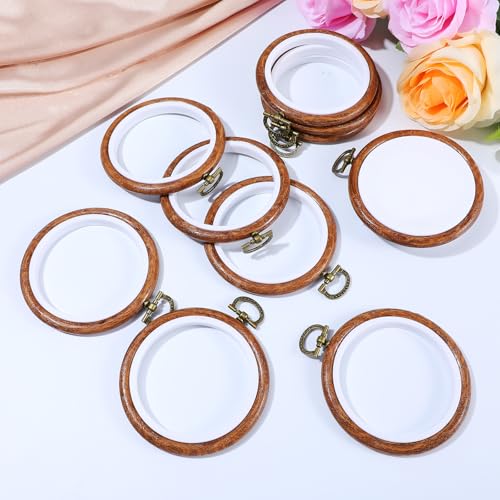 Image of 10 Pcs Round Embroidery Hoops Frame, Adjustable Circle Embroidery Hoop Ring, Circle Rubber Hoops Ring Display Ornament Imitated Wood Frame Kits for Craft Sewing DIY Hanging Gifts