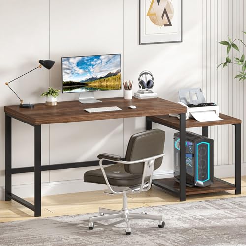 FOLUBAN Large Computer Desk, 63 Inch Home Office Desk with PC Tower Stand & Printer Space, Study Writing Gaming Table Workstation for Bedroom Living Room, Walnut