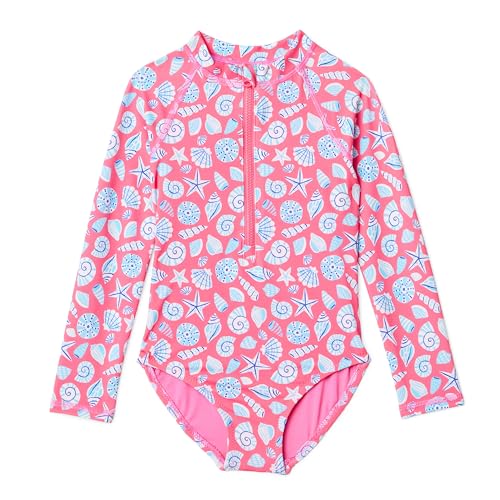 Amazon Essentials Girls Long Sleeve Rash Guard One-Piece Swimsuit Hot Pink Shells Large