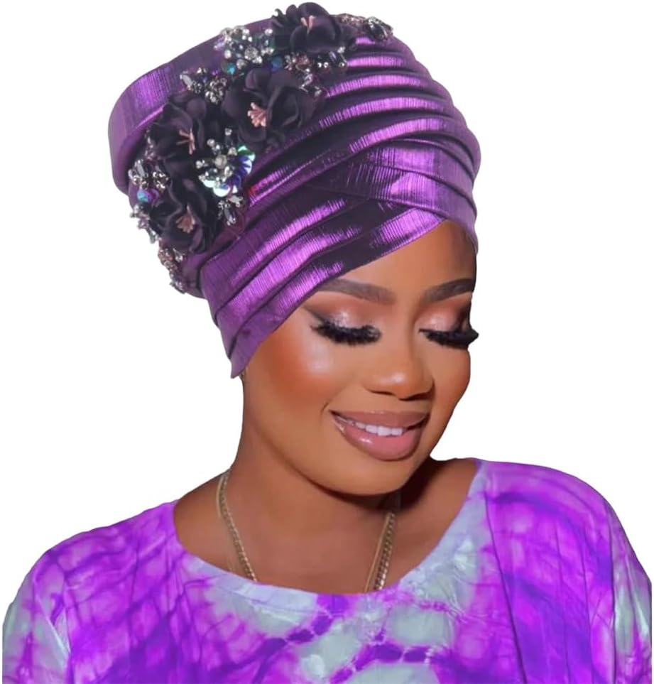 Nigeria African Wedding Auto Headwraps Women's Diamond Flower Turban Cap Bonnet