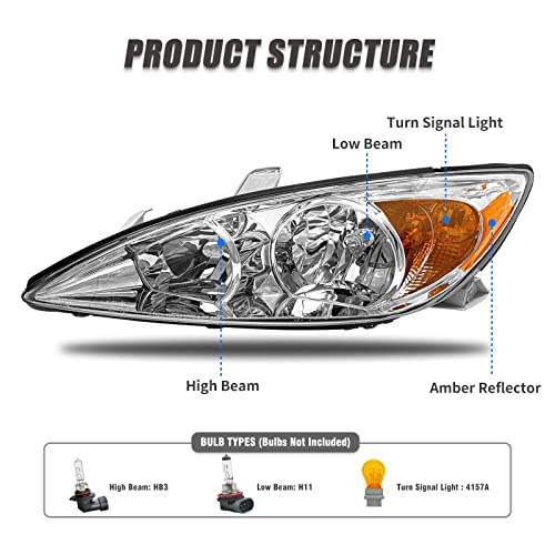 Adcarlights Headlight Assembly For 2002 2003 2004 Toyota Camry Chrome Housing With Amber Reflector Left And Right (Only Fits Le/Xle, Not Fits Se) #TOP2