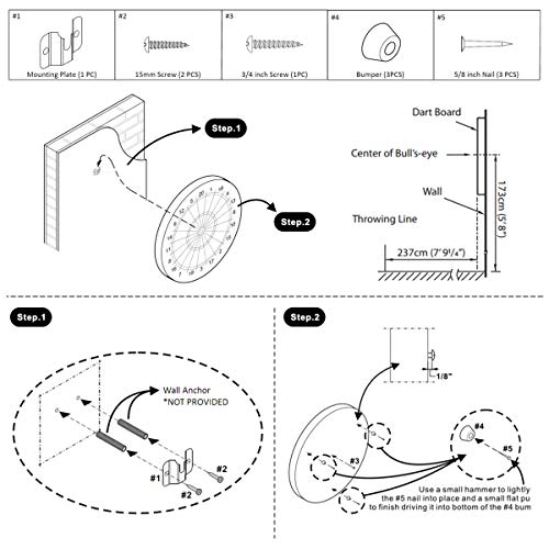 Tian Ma Sisal Bristle Dartboard 17.7X1.5 Staple-Free Bullseye 12 Steel Tip Darts 18G Dartboards Mounting Kits Included #TOP5