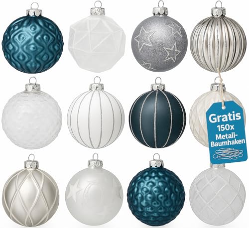 Weihnachtskugeln Glas 12er Set – Premium Christbaumkugeln 8 cm...