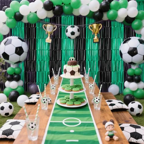 Image of TONIFUL Black and Green Fringe Backdrop Curtain 2026 Graduation Parties 2Pcs 3.3x6.6 ft Metallic Tinsel Foil Fringe Photo Booth Backdrop Door Streamers for Birthday Soccer Themed Party Decorations