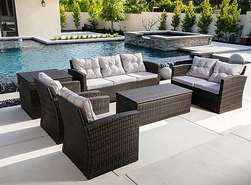 7 Seat Patio Furniture Sets PE Wicker Conversation Sets Rattan All Weather Outdoor Sectional Sofa Set with Storage Box Coffee Table and Cushions for Patio Lawn Garden Bistro Yard Pool Backyard