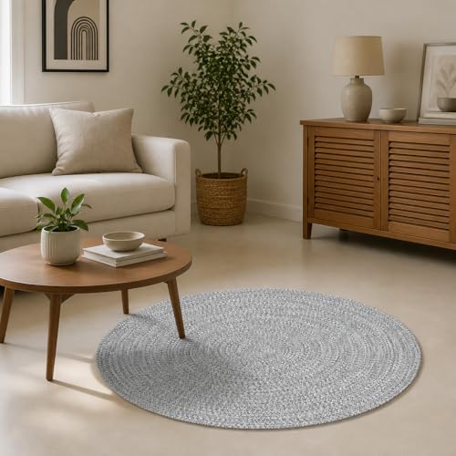 Image of Handmade Cotton Braided 3x3 feet Throw Rug - Washable, Low Pile Reversible Floor Mat for Bedroom, Kitchen, Entryway & Living Room - Eco-Friendly Woven Carpet - (Light Grey Round, Round)