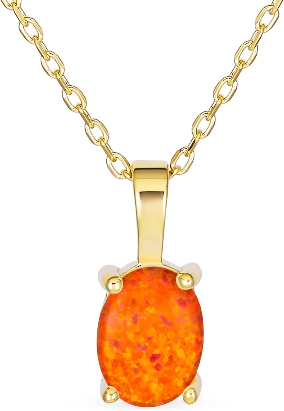 Bling Jewelry Classic Simple Gemstone 1CTW Solitaire 7x5MM Oval Orange Fire White Rainbow Created Opal Pendant Necklace For Women Teen Rose Gold .925 Sterling Silver October Birthstone