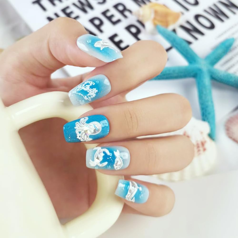 12 Sheets 5D Embossed Ocean Animal Nail Stickers,Summer Nail Art Decals | Jellyfish Nail Decals Seashell Starfish Dolphins Self Adhesive Beach Nail Decals for Women Girl Kids DIY Nail Decor