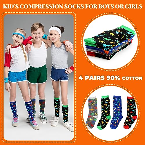4 Pairs Kids Compression Socks Dinosaur Compression Stockings Knee Length Compression Socks for Kids Boys Girls child Adult Small Feet4