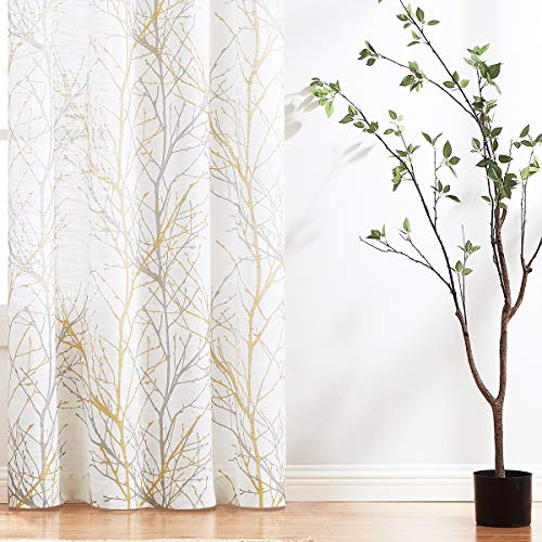 Semi-Sheer Yellow White Curtains 84-Inch Long Living Room Yellow Grey Tree Branches Curtain Panels On White Linen Textured Draperies Rod Pocket Window Treatment Set For Bedroom 50”W 2 Panels #TOP4