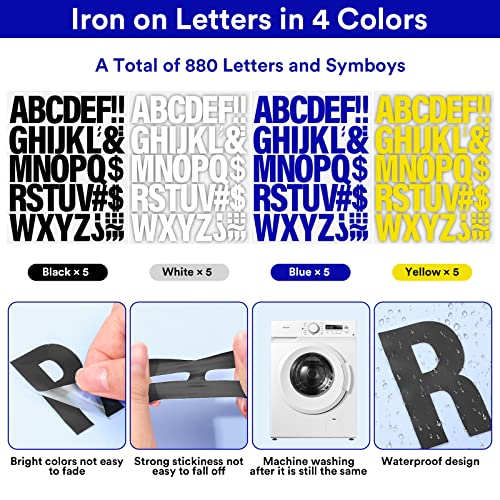 Image of 20 Sheets 880 Pieces Iron on Letters, 2 Inch Iron on Vinyl Letters for Clothing, Heat Transfer Letters with A-Z PU Alphabets Sticker, Iron on Letters for Fabric, Clothing T-Shirt Printing DIY Craft