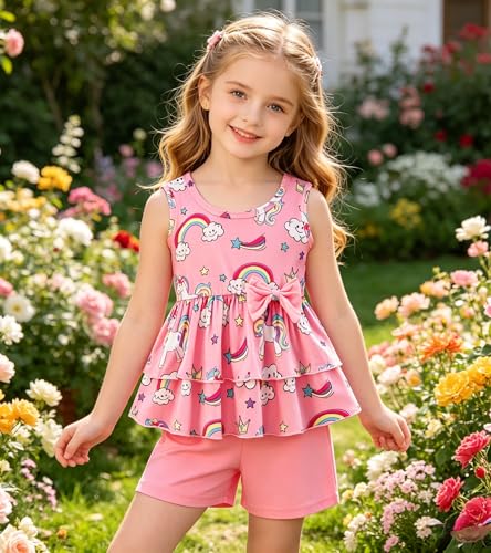 Image of Girls 2 Piece Outfit Summer Short Set Sleeveless Bow Knot Tank Top and Shorts Cute Clothes for Toddler Girls