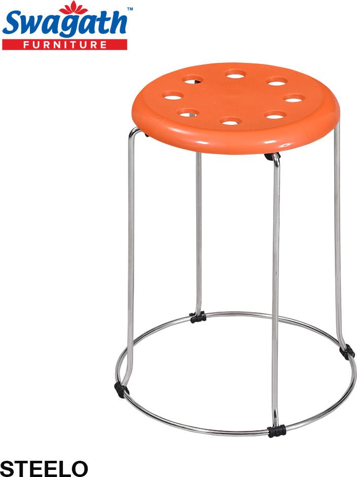 Swagath Furniture Steelo Stool with Stainless Steel Base for Indoor/Outdoor & Cafeteria (Colour-Orange seat, Set of 2, Pre-Assembled) 2
