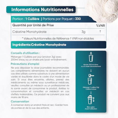 Créatine Monohydrate Poudre 1000g, 330 Portions - Créatine Pure Micronisée en Poudre Vegan Sans Saveur, Spécial Pre Workout et Post Workout Pour Performances Physiques et Force Musculaire EFSA – Image 6