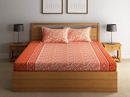 Image of Swayam Roto Cotton King Bedsheet with 2 Pillow Covers | Size 108 x 108 inch | 144 TC | Floral Design | Soft Breathable Bed Sheet | Comfortable & Durable for Bedroom - Orange