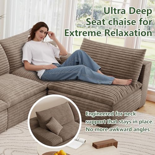 Image of 136 inch Cloud Couch Modular Sectional Sofa for Living Room, U-Shape Boneless Couch with Deep Seat, Modern Corduroy 6-Seater with Ottomans, No Assembly Required, Camel