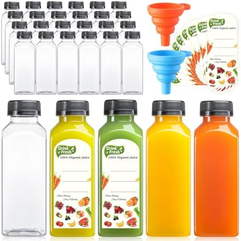 24 PACK, 12 OZ Reusable Plastic Juice Bottles with Caps, Plus 24 ...