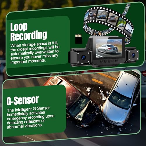 Image of 4 Channel Dash Cam,360 All-Around View Front Rear Left Right Inside Car Camera,3 inch IPS Screen,4-Way Dash Cam with 24H Parking Mode,Built-in GPS,8 IR Night Vision,G-Sensor,Free TF Card Included