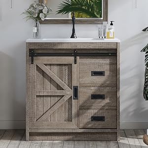31" Farmhouse Sliding Barn Door Bathroom Vanity with Sink Combo, Bathroom Vanity Cabinet with Drawers & Metal Handles, Freestanding, Gray 31 Farmhouse Sliding Barn Door Bathroom Vanity with Sink Combo Bathroom Vanity Cabinet with Drawers Metal Handles Freestanding Gray