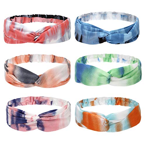 Folora 6pcs Tie Dye Twisted Criss Cross Elastic Headbands Yoga Running Sports Hair Bands for Women Girls
