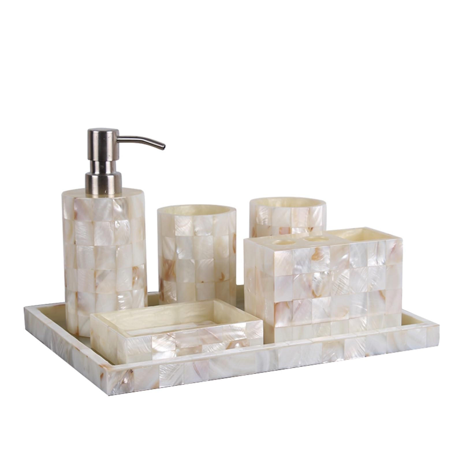 Set Dispensador Jabon Baño Juego de cinco piezas de accesorios de baño de resina con forma de concha, herramientas de lavado, dispensador de jabón, vaso for gárgaras, soporte for cepillo de dientes, j