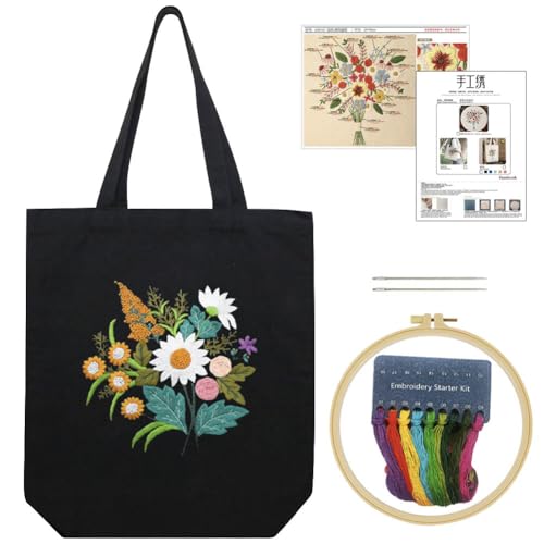 Image of KABAKE Canvas Tote Bag Embroidery Kit, Embroidery Kits for Beginners, Arts and DIY Crafts Embroidery Starter kit, Include Stamped Embroidery Bag, Threads, Embroidery Tools (Black Bag with Floral)