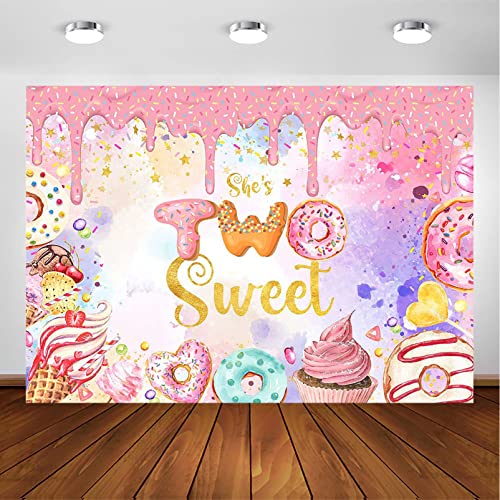 Avezano Two Sweet Birthday Backdrop Sweet Donut Ice Cream Birthday Party Background Vinyl Sprinkles Dessert Decorations for Girls Second Birthday Party (7x5ft)