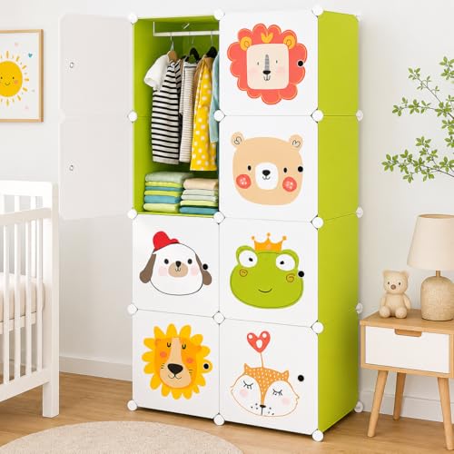 Image of 8 Door Kids Cartoon Wardrobe Storage Cabinet - DIY Modular Clothes Organizer with Hanging Cartoon Design Wardrobe with Multi for Bedroom, Living Room,Entryway (Green, 8-Door)