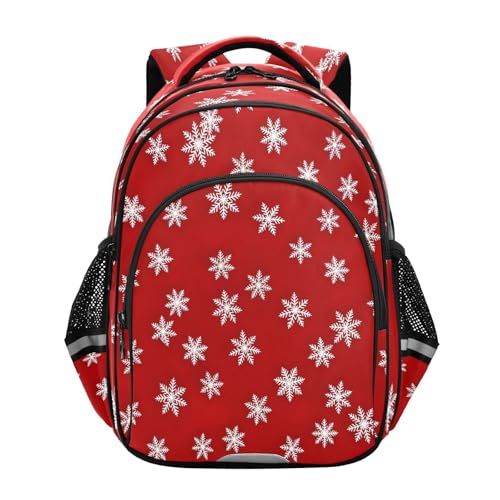 White Snowflakes Red Backpack for School Boys Girls Ages 8-14, Elementary Backpack