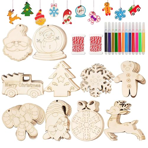 Eachans 20 colgantes de madera decorativos de Navidad con lápices de acuarela, colgantes de árbol de Navidad para pintar, adornos para árbol de Navidad para decoración de árbol de Navidad, etiquetas