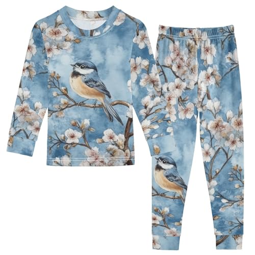 Fustylead Cute Blue Birds on Cherry Blooming Tree Long Sleeve Top and Matching Bottom Cotton Pajama Sets