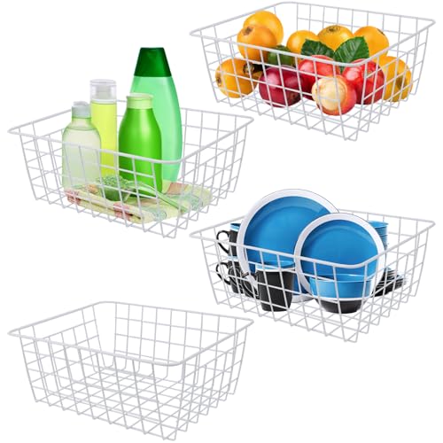 Abaigeal 4 Cajas Organizadoras de Almacenaje, Cestas de Alambre de Metal Blanco, Cesta de Metal Pequeña para Despensa, Cestas de Almacenamiento de Alambre para Congelador con Asa para el Hogar